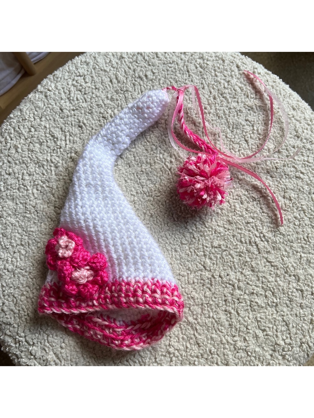 Hand Crocheted White and Pink Elf Hat with Pom Pom and Floral Detail